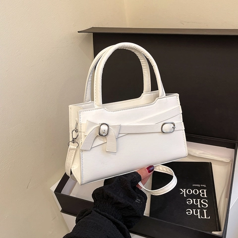 Vintage PU Leather Bow Small Square Bag For Women Elegant Handheld Shoulder Crossbody Bag Casual Lady Purse Solid Color