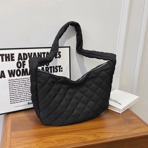Bolso Tote Acolchado Nylon Diseño Diamante Gran Capacidad Bolso De Hombro Casual Para Mujeres Color Sólido