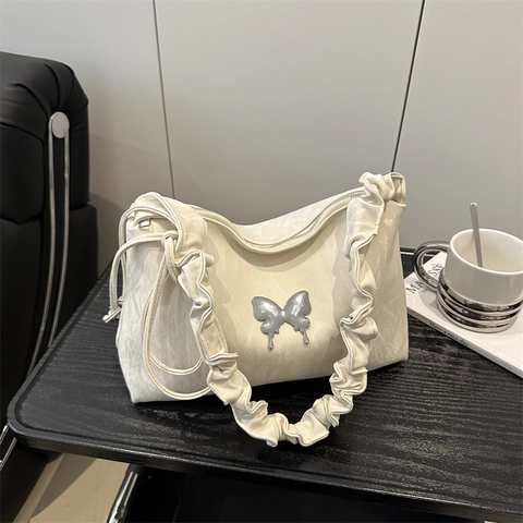 Damen Plissierte Baguette Unterarmtasche Metall Schmetterling Gekräuselte Schulter Tote Bag Für Täglich Street Trend Mode Tasche