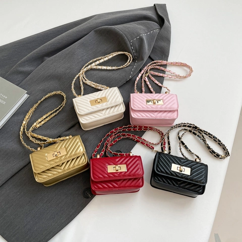 Mini Crossbody Bag PU Leather V Quilted Chevron Pattern Chain Strap Small Square Bag For Women