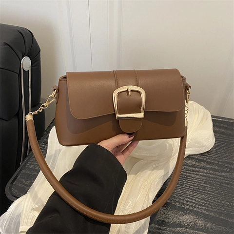 Women Underarm Baguette Bag PU Leather Large Gold Buckle Flap Closure French Style Shoulder Purse Commuting Fashion