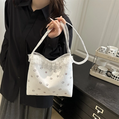 Women Canvas Tote Bag Cartoon Bear Cat Print Lace Trim Sweet Korean Style Crossbody Shoulder Bag