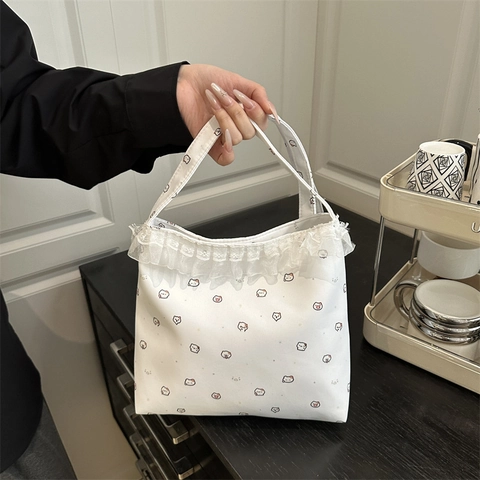 Women Canvas Tote Bag Cartoon Bear Cat Print Lace Trim Sweet Korean Style Crossbody Shoulder Bag