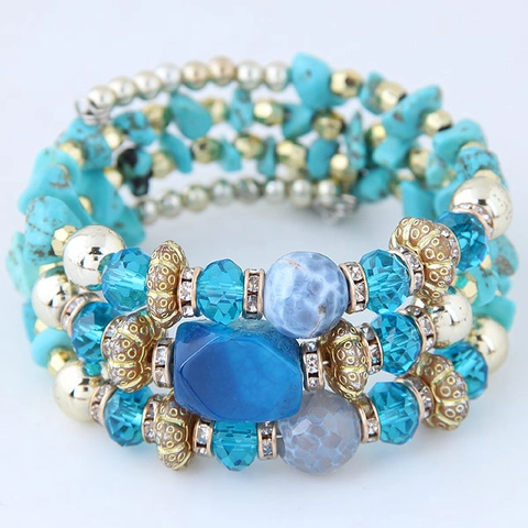 Boheems Meerlaags Kralenarmband Met Turquoise Kristal Schelp Glaskralen Legering Geometrische Rekbare Sieraden Voor Dames