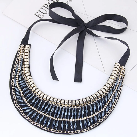 Vintage Alloy Rhinestone Bib Necklace With Satin Ribbon Tie Gold Blue Crystal Multi Layer Statement Choker For Women Party Jewelry