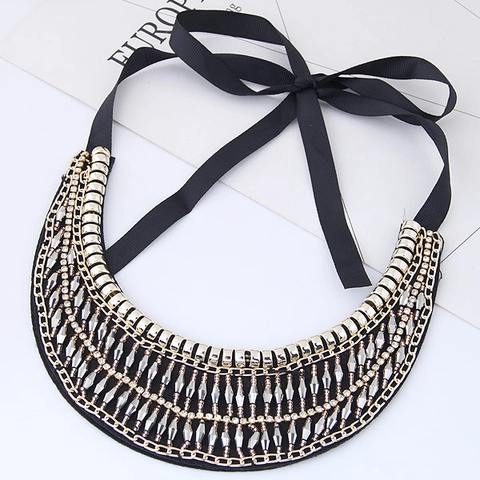 Vintage Alloy Rhinestone Bib Necklace With Satin Ribbon Tie Gold Blue Crystal Multi Layer Statement Choker For Women Party Jewelry