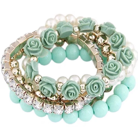 Pulsera De Cuentas Multicapa Con Rosa De Resina Perla Artificial De Imitación Cuentas De Aleación Estrás Joyería Moda Retro Bohemia Mujeres