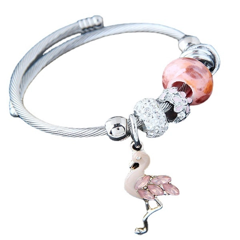 Women Alloy Flamingo Charm Bracelet With Steel Wire Cable Bangle Rhinestone Glass Beads Enamel Boho Jewelry Gift