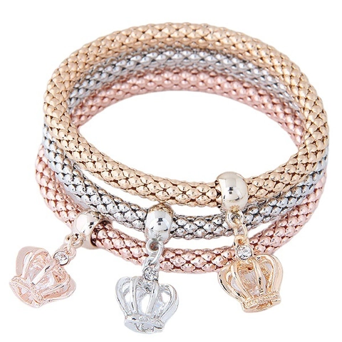 Bracciale Elastico In Maglia Di Catena Lega Strass Cuore Corona Elefante Ciondolo Tricolore Gioielli Di Moda Donne