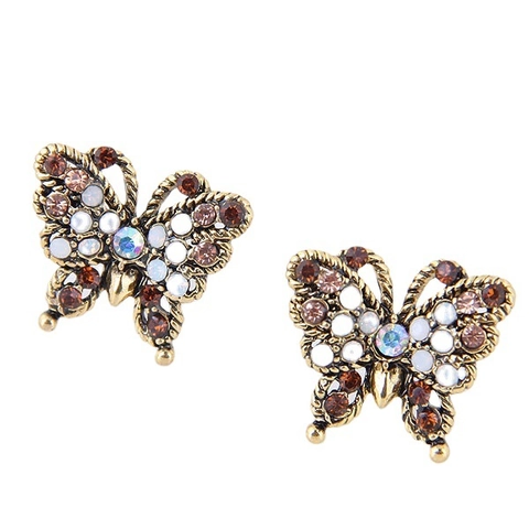 Butterfly Stud Earrings Vintage Gold Alloy Rhinestone Crystal Shimmering Sweet Fashion Women Jewelry Accessory