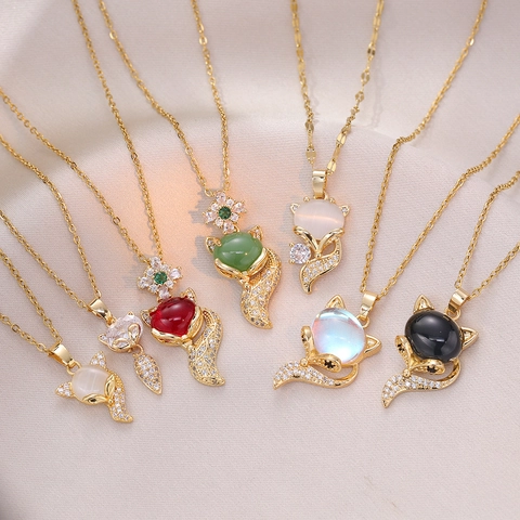 Collana Con Pendente Volpe In Acciaio Al Titanio Con Zircone E Opale Intarsiato Gioiello Moda Regalo Per Donna