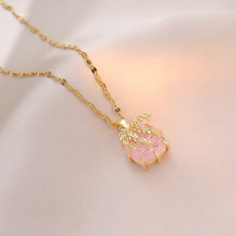 Elegant Titanium Steel Pink Zirconia Flower Pendant Necklace For Women Light Luxury Frosted Floral Clavicle Chain Jewelry