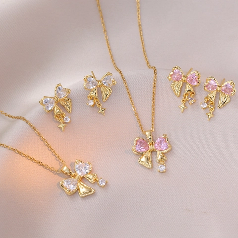 Gioielli Collana E Orecchini Fiocco Rosa Zircone Acciaio Al Titanio Pendente Stella Regalo Elegante Per Donna
