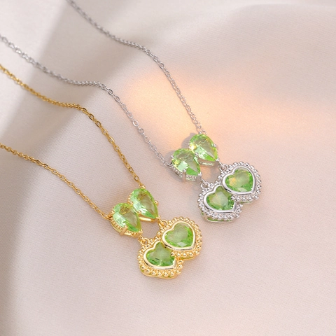 Doppelherz Grüne Edelstein Halskette Titanstahl Zirkonia Birnenform Anhänger Schlüsselbeinkette Elegante Kette Damen