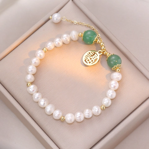 Bracciale Perle Acqua Dolce Ciondolo Fu Dorato Perline Verdi Catena Regolabile Gioielli Eleganti Fatti Mano