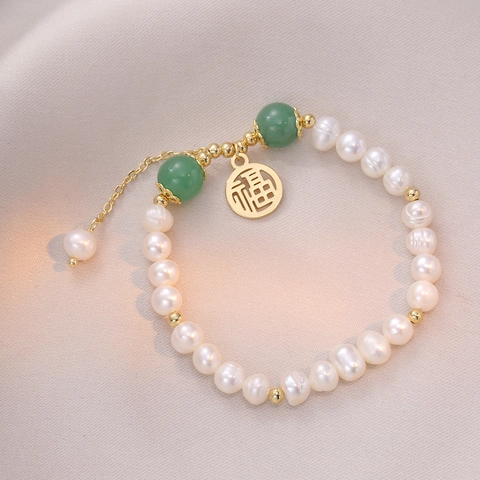Bracciale Perle Acqua Dolce Ciondolo Fu Dorato Perline Verdi Catena Regolabile Gioielli Eleganti Fatti Mano
