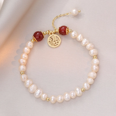 Bracciale Di Perle D'acqua Dolce Con Ciondolo Fu Dorato E Perline Di Agata Rossa Elegante Gioiello In Stile Cinese Tradizionale