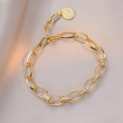 Pulsera De Cobre De Moda Para Mujer Con Colgante De Moneda Redonda De Circonita Cadena Geométrica Joyería Retro Elegante