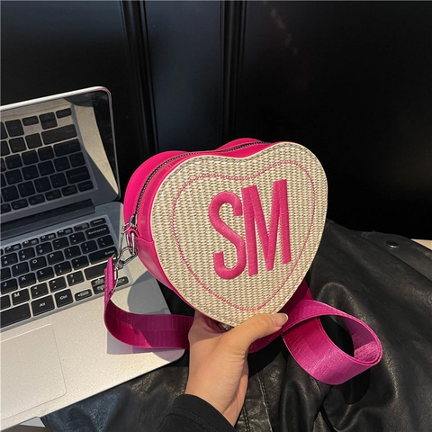 Dames Mode Hartvormige Geweven Crossbody Tas SM Letter Borduurwerk Stro PU Leer Schattige Kleine Schoudertas Voor Dagelijks