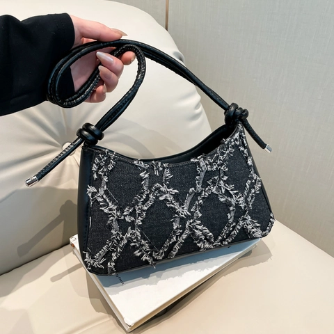 Gerafelde Denim Schoudertas Ruitpatroon PU Leer Knoopband Okseltas Mode Crossbody Tas Voor Dames Dagelijks Handtas