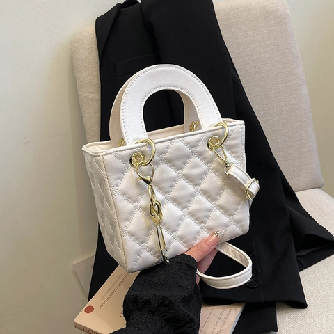 Elegante Borsa a Mano in Pelle PU Trapuntata a Diamante per Donna Hardware Dorato Ciondolo a Chiave Borsa a Tracolla Stile Lady