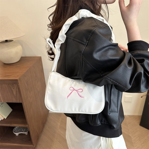 Borsa A Spalla In Nylon Con Ricamo Fiocco Manico Scrunchie Arricciato Borsa Hobo Y2K Balletcore Per Donna Ragazza