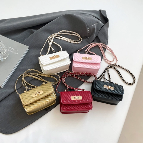 Women Mini PU Leather Quilted Crossbody Bag With Metal Chain Strap And Gold Lock Small Square Handbag For Daily Party Fashion