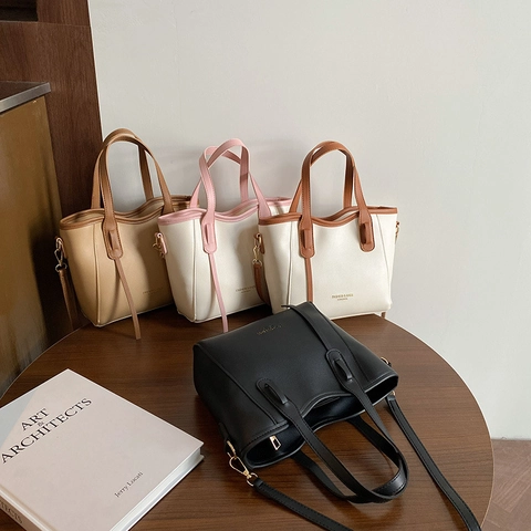 Women Fashion PU Leather Bucket Tote Bag Minimalist Contrast Color Shoulder Crossbody Bag For Commuting Daily Lady Handbag