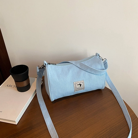 Borsa a Cilindro Casual in PU da Donna Carina con Toppa a Forma di Cane Borsa a Tracolla Piccola Borsa Cilindrica Blu