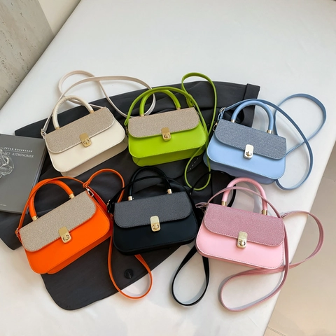 Women PU Leather Handbag Small Square Crossbody Bag Woven Texture Flap Top Handle Gold Twist Lock Versatile Trendy Bag