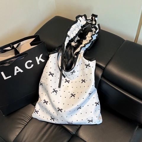 Bolso Tote Dulce con Estampado Floral para Mujer Asa con Volantes Decoración de Lazo Plegable de Nailon Bolso de Compras Ecológico