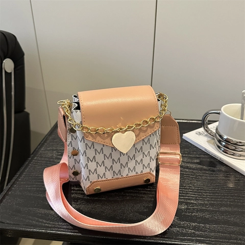Borsa a Tracolla alla Moda in Pelle PU Per Donna Stampa Lettera M Piccola Borsa Quadrata Con Serratura a Cuore in Metallo