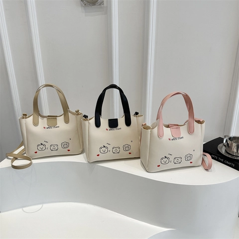 Korean Style PU Leather Tote Bag And Matching Pouch Cartoon Bear Print Women Shoulder Crossbody Bag Small Square Handbag