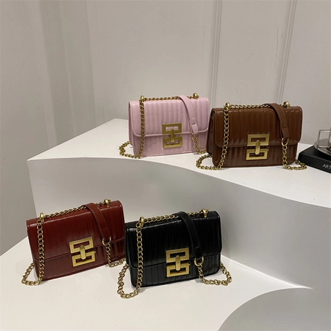 Modieuze Gewatteerde PU-Leren Schoudertas Voor Dames Met Gouden Ketting Geometrisch Slot Kleine Vierkante Crossbodytas Dagelijks Feest Handtas