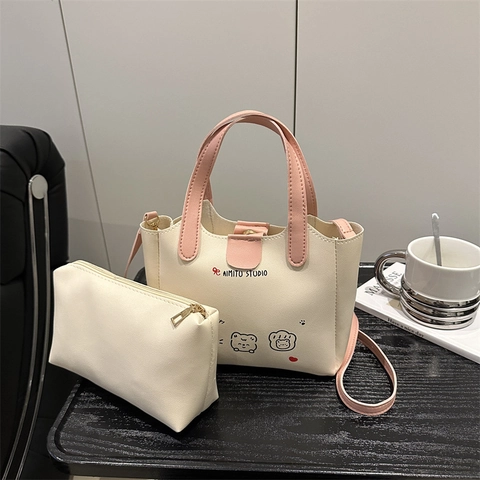 Korean Style PU Leather Tote Bag And Matching Pouch Cartoon Bear Print Women Shoulder Crossbody Bag Small Square Handbag