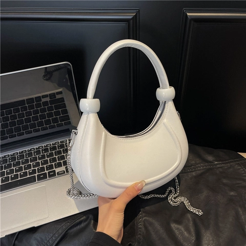 Damen Halbmond Hobo Tasche PU Leder Crescent Unterarmtasche Mit Abnehmbarem Silbernem Kettenriemen Minimalistische Handtasche