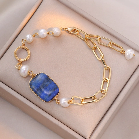 Lapis Lazuli Süßwasserperlen Armband Für Damen Asymmetrisch Goldfarbene Legierung Gliederkette Rechteckiger Stein Eleganter Schmuck