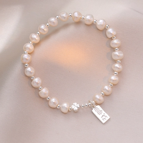Freshwater Pearl Bracelet With S925 Sterling Silver Double Pendants Four Leaf Clover Rectangular Tag Elegant Jewelry For Women