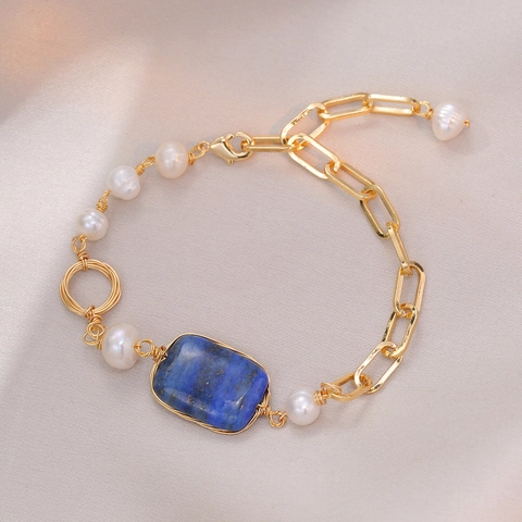 Lapis Lazuli Süßwasserperlen Armband Für Damen Asymmetrisch Goldfarbene Legierung Gliederkette Rechteckiger Stein Eleganter Schmuck