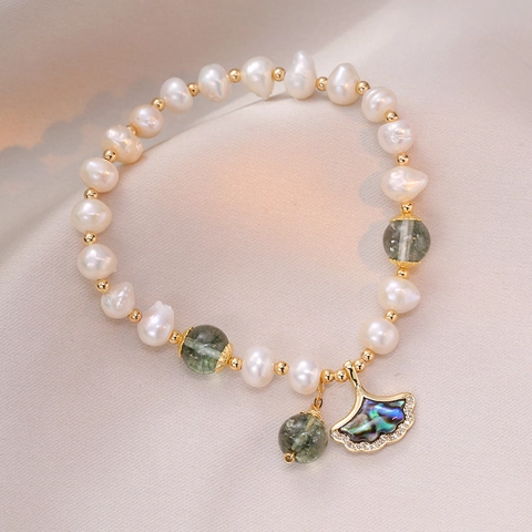Baroque Freshwater Pearl Bracelet With Green Phantom Quartz And Ginkgo Leaf Shell Pendant S925 Silver Women Jewelry