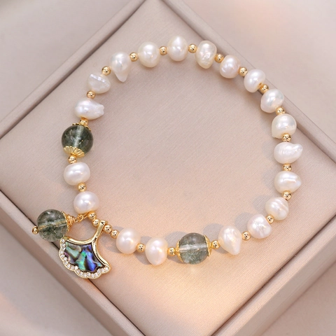 Baroque Freshwater Pearl Bracelet With Green Phantom Quartz And Ginkgo Leaf Shell Pendant S925 Silver Women Jewelry