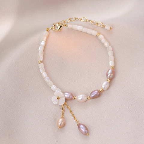Natural Freshwater Pearl Bracelet With Shell Flower Square Beads Adjustable Heart Extension Chain Elegant Fashion For Women