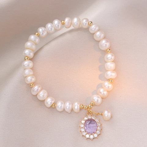 Freshwater Pearl Bracelet With Purple Zircon Pendant Gold Beads Elegant Temperament Jewelry For Women