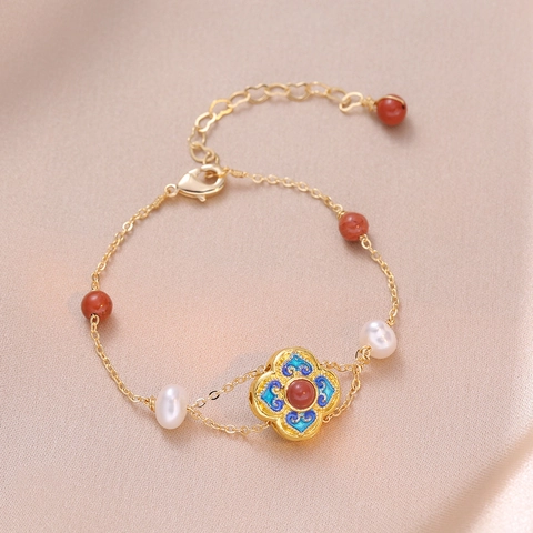 Freshwater Pearl Bracelet Enamel Flower Pendant Gold Plated Alloy Retro Chinese Style Jewelry For Women