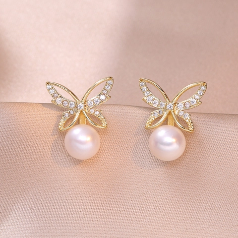 Schmetterling Stecker Ohrringe Kupfer Elegant Zirkon Eingelegt Runde Künstliche Perle Anhänger Koreanischer Stil Für Damen