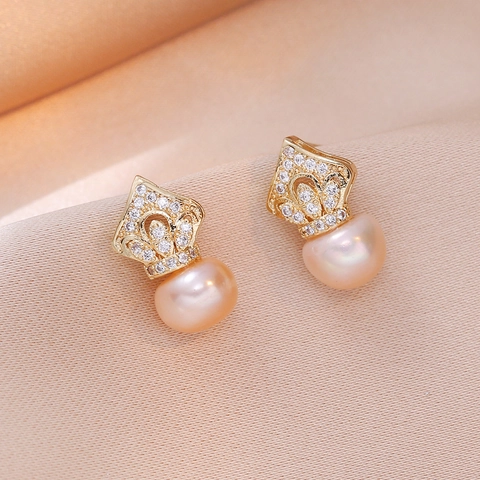 Freshwater Pearl Drop Earrings Crown Design Hollow Zircon Inlaid Elegant 925 Sterling Silver Earring Post