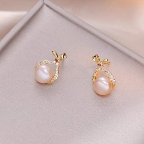 Boucles D'oreilles Perles D'eau Douce Roses Avec Tige Argent Sterling 925 Goutte Ruban Creux Strass Style Coréen Élégant Femmes