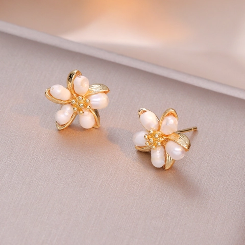 Freshwater Pearl Flower Stud Earrings Gold Plated Copper With Silver Earring Post Elegant Korean Jewelry For Women