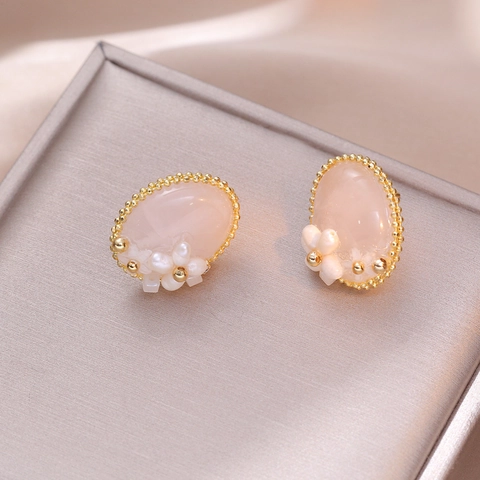 Blumen Oval Ohrstecker Mit Rosa Quarz Süßwasserperle Und Silbernem Ohrstecker Kupfer Retro Schmuck Für Frauen
