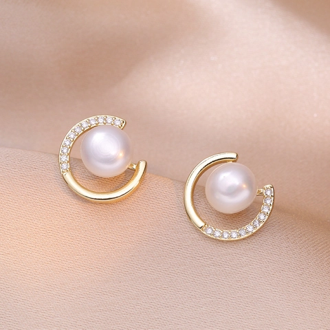 Elegante C-Form Creolen Geometrische Süßwasserperlen Besetzt Mit Strass Kupfer Schmuck Für Damen Modisches Accessoire